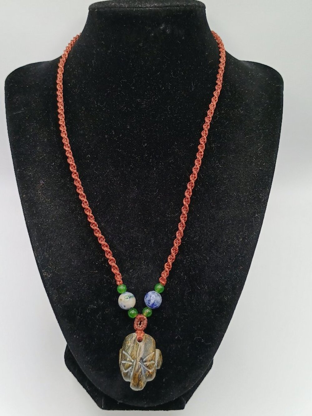 Handmade Macrame Necklace with Inca Mask and Natural Stone